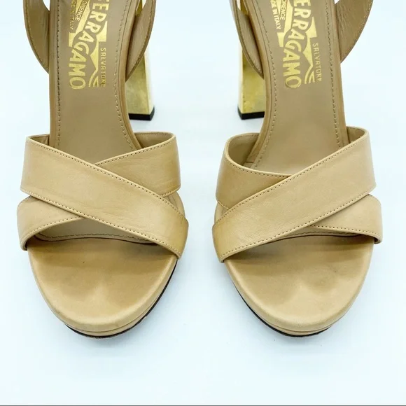 Salvatore Ferragamo Gold Block Heel Leather Sandals - Picture 5 of 11